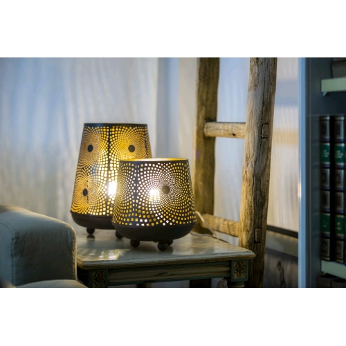 Lampada da tavolo artigianale intarsiata nera grande